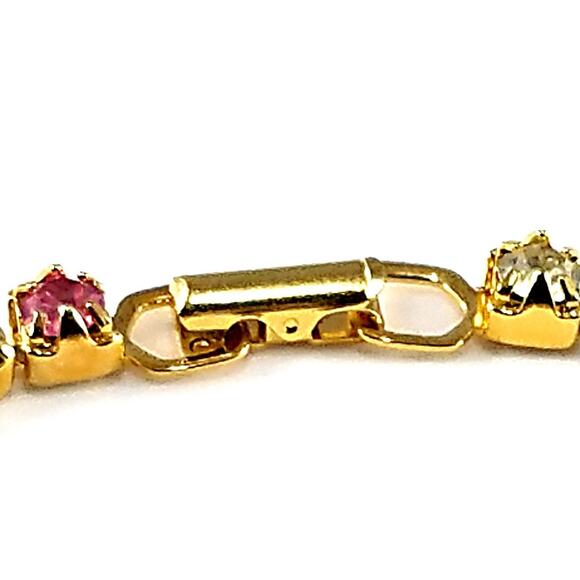 Vintage Trifari Pink Clear Rhinestone Tennis Bracelet,  Gold Plated, 1980s - Picture 3 of 10